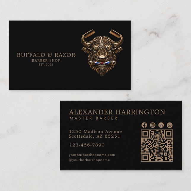 Carte De Visite Code Qr Bronze Buffle Salon de Coiffeur Profession (Devant / Derrière)