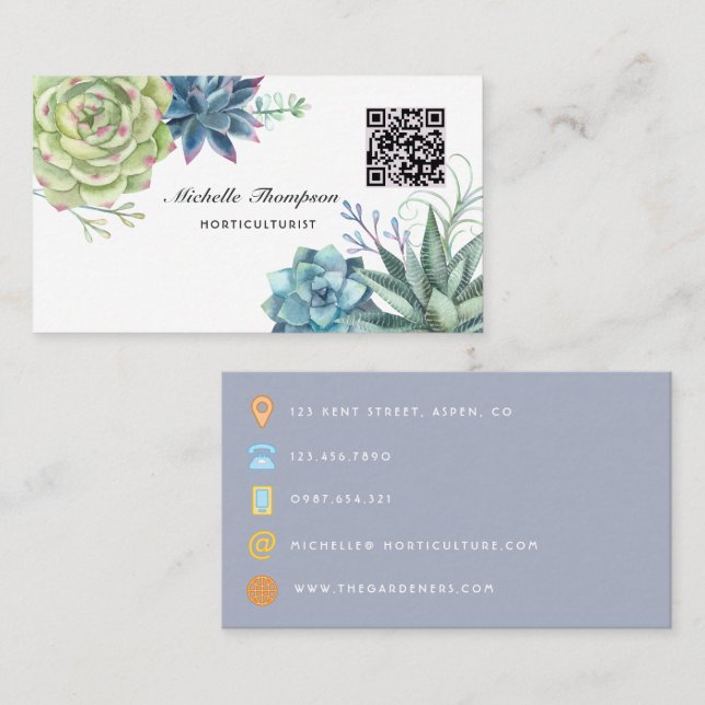 Carte De Visite Code QR Cactus de désert aquarelle Succulents (Devant / Derrière)