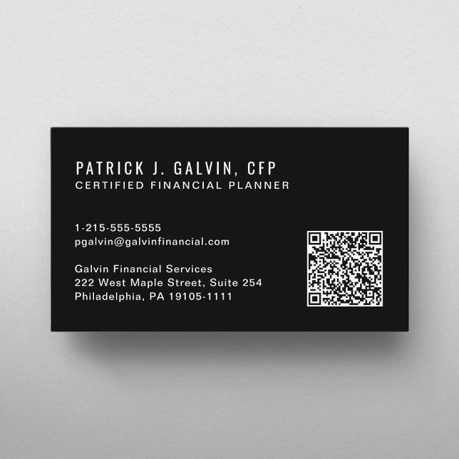 Carte De Visite Code QR Certifié Planificateur Financier Noir (CFP Certified Financial Planner QR Code Black Business Card)