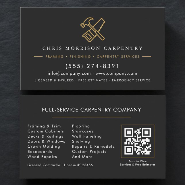 Carte De Visite Code QR Charpentier Menuiserie Noir Or (Créateur téléchargé)