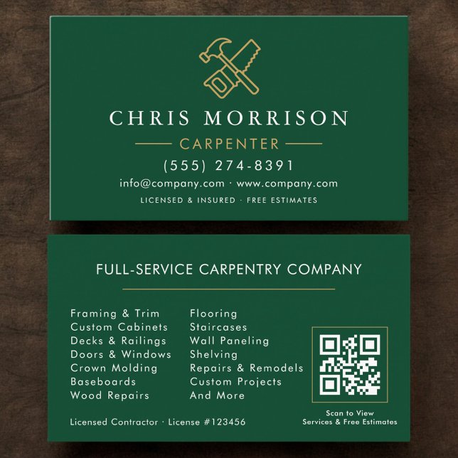 Carte De Visite Code QR Charpentier Moderne Vert Or (Créateur téléchargé)
