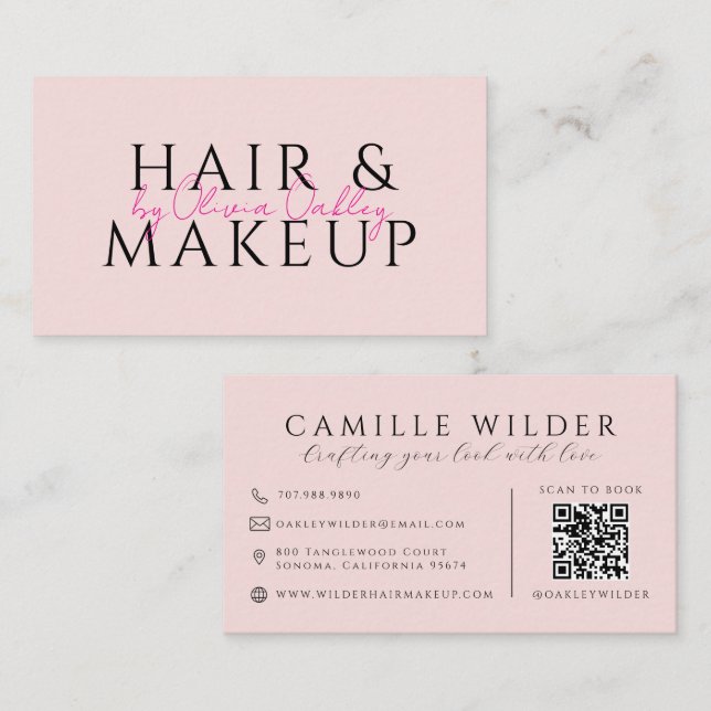 Carte De Visite Code QR Cheveux Et Maquillage Rose Pâle (Devant / Derrière)