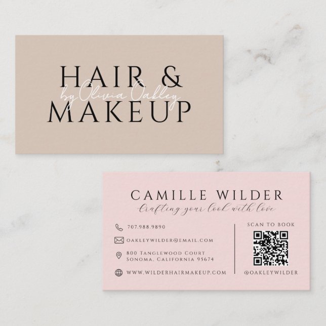 Carte De Visite Code QR Cheveux Et Maquillage Rose Pâle (Devant / Derrière)