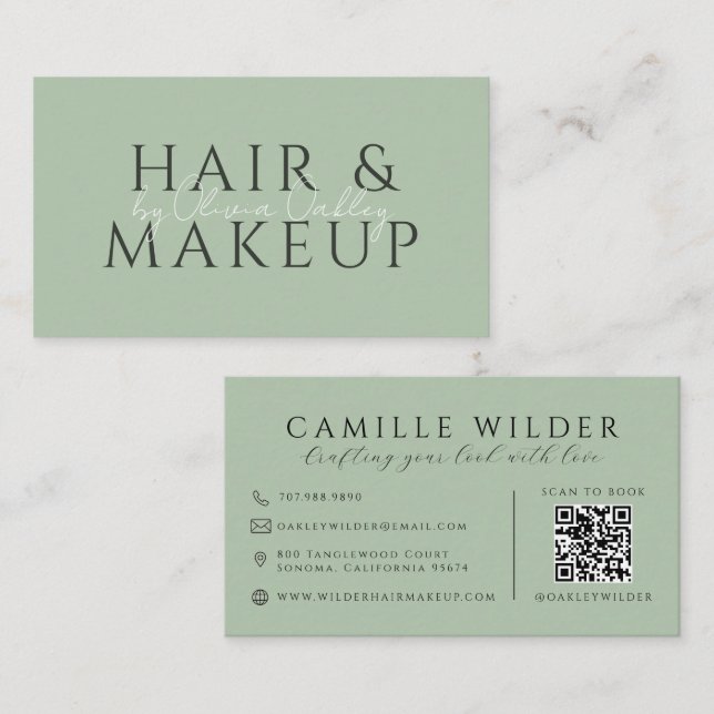 Carte De Visite Code QR Cheveux Et Maquillage Vert Sauge (Devant / Derrière)