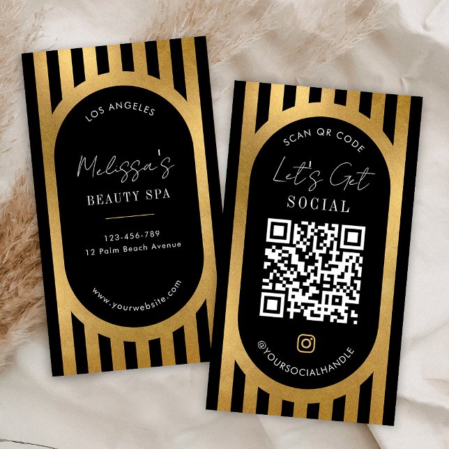Carte De Visite Code QR Chic Bandes Noires et Dorées pour les Médi (Créateur téléchargé)