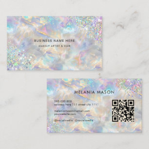 Carte De Visite Code QR Chic Holographique Paillettes Opale Irides