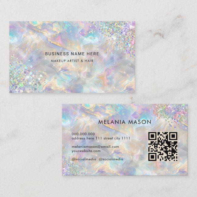 Carte De Visite Code QR Chic Holographique Paillettes Opale Irides (Devant / Derrière)