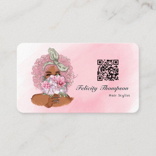 Carte De Visite Code QR Chic Pink Hair Stylist (Devant)