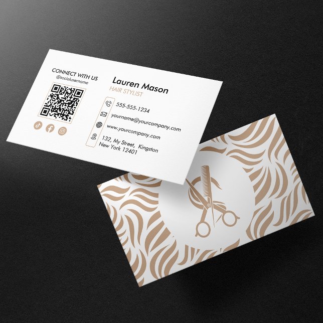 Carte De Visite Code QR Coiffeur Coiffeuse Biege Élégant (Créateur téléchargé)