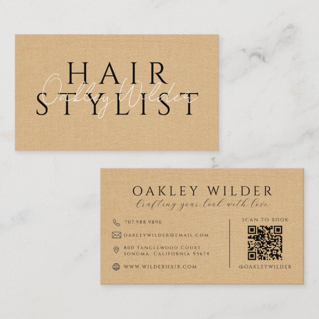 Carte De Visite Code QR Coiffeur Faux Lin Beige (Devant / Derrière)