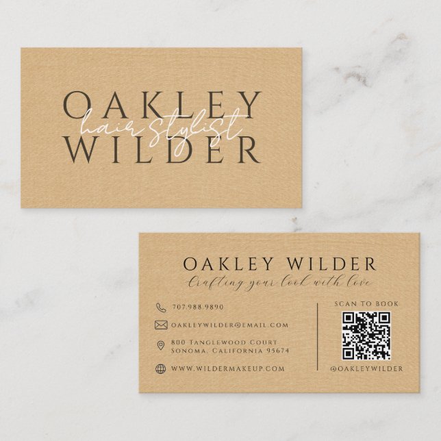 Carte De Visite Code QR Coiffeur Faux Lin Beige (Devant / Derrière)
