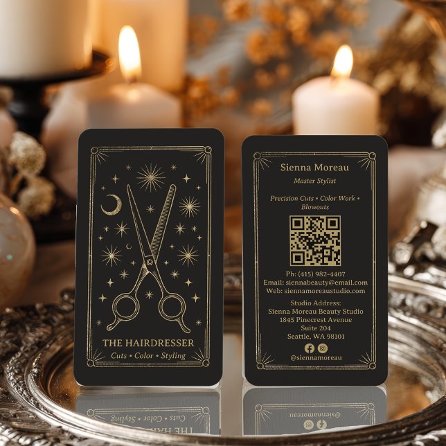 Carte De Visite Code QR Coiffeur Tarot Céleste Rétro Or (Gold Retro Celestial Tarot Hairdresser QR Code Business Card)