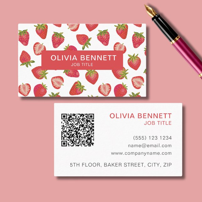 Carte De Visite Code QR coloré Motif fraise (Personalized strawberry business card with QR code)