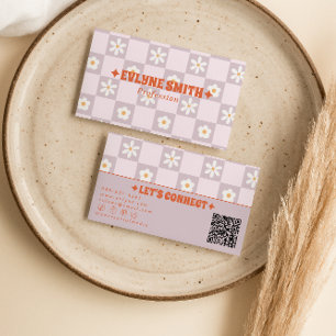 Carte De Visite Code QR coloré rétro à carreaux floral funky amusa