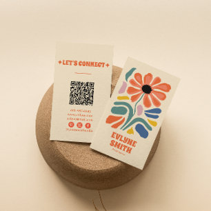 Carte De Visite Code QR coloré retro à la main Boho Chic Floral