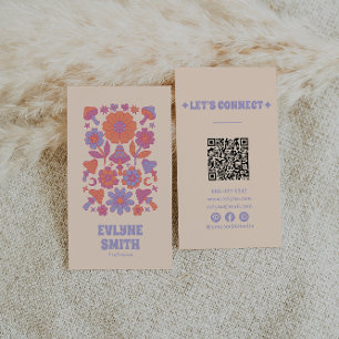 Carte De Visite Code QR coloré rétro Super Floral Funky Boho