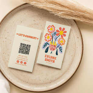 Carte De Visite Code QR coloré rétrori à la main Floral unique