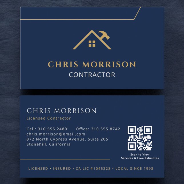 Carte De Visite Code QR Construction Entreprise Bleu Marine (Créateur téléchargé)
