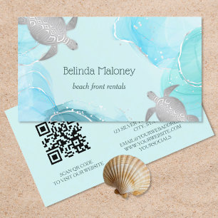 Carte De Visite Code QR Côte Turquoise Encre Bleue Tortue Argentée