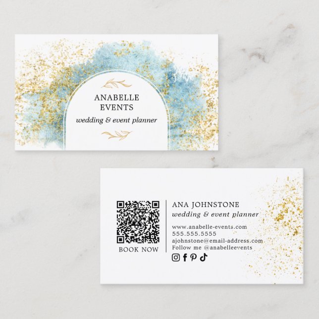 Carte De Visite Code QR couleur or bleu | Réseaux sociaux (Devant / Derrière)