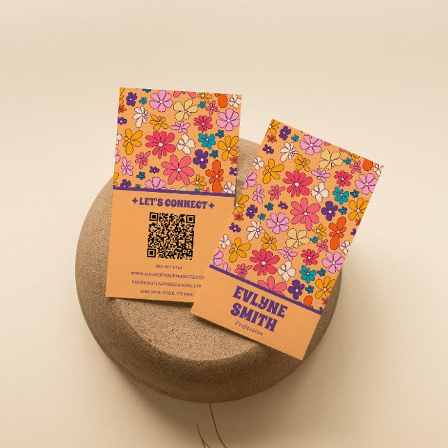 Carte De Visite Code QR couleur rétro Super Floral tendance Boho (Créateur téléchargé)