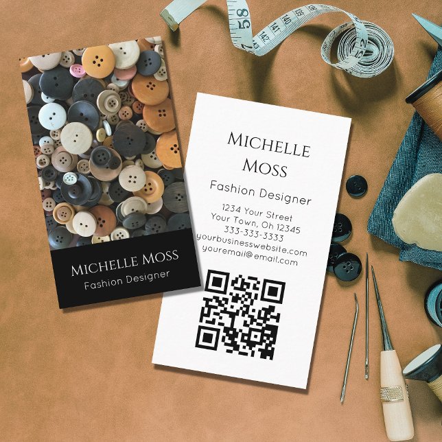 Carte De Visite Code QR Couture Boutons du concepteur de mode Noir (Créateur téléchargé)
