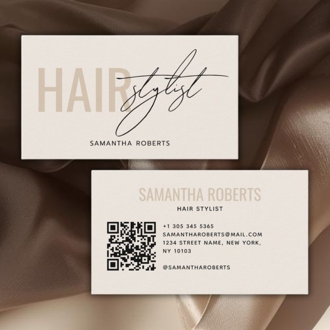 Carte De Visite Code QR crème de coiffeur moderne (Créateur téléchargé)