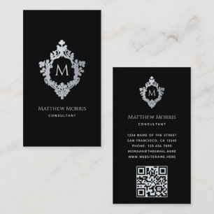 Carte De Visite Code QR Crête Vintage Noir Gris Monogramme Élégant