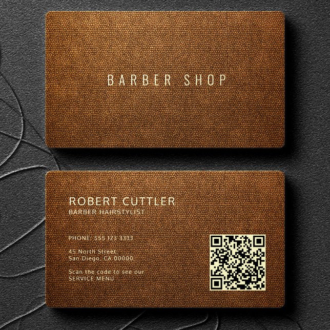 Carte De Visite Code QR cuir brun faux barbier coiffeur (You can choose the ROUNDED CORNERS option)
