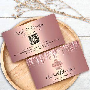 Carte De Visite Code QR Cupcake Rose Gold Paillettes Gouttes de Bo