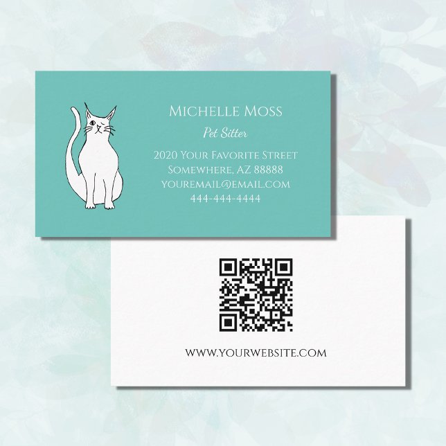 Carte De Visite Code QR Cute Want Chat Pet Sitter Vert Turquoise (Créateur téléchargé)