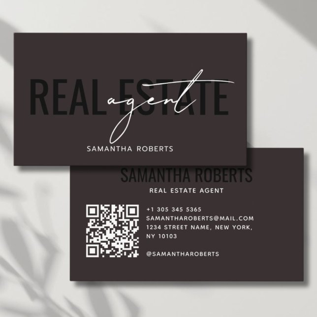 Carte De Visite Code QR d'agent immobilier moderne marron foncé (Créateur téléchargé)