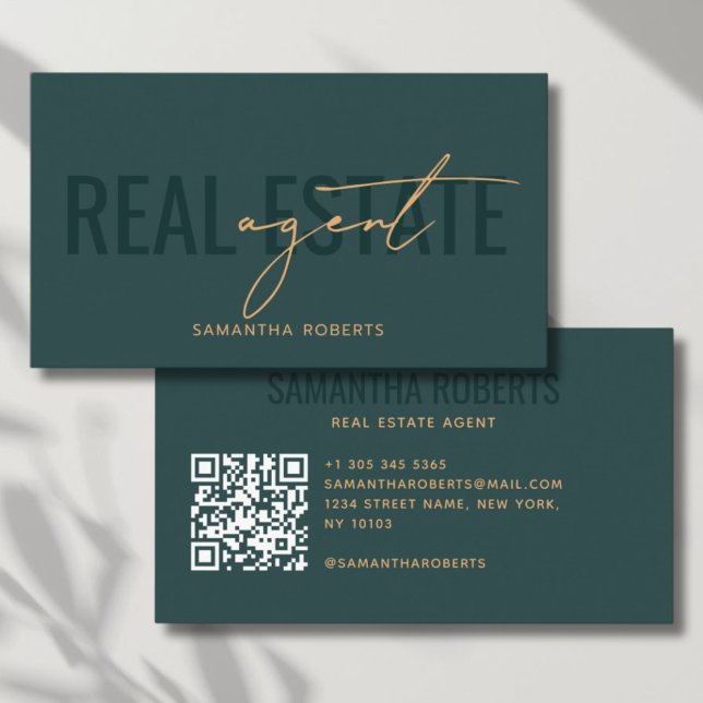 Carte De Visite Code QR d'agent immobilier moderne vert (Créateur téléchargé)