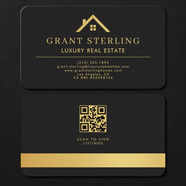 Carte De Visite Code QR d'agent immobilier noir or (Créateur téléchargé)