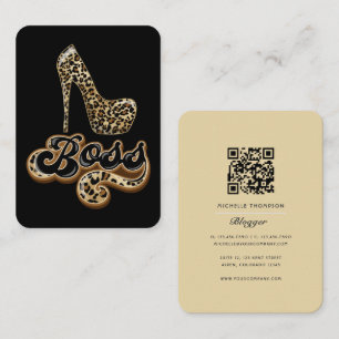 Carte De Visite Code QR Dame Patronne Léopard Noir et Or