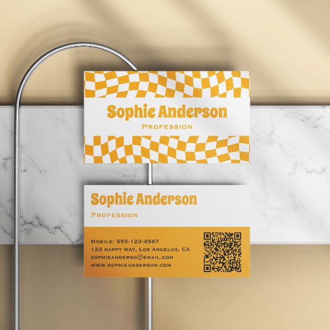 Carte De Visite Code QR damier ondulé orange moderne (Créateur téléchargé)