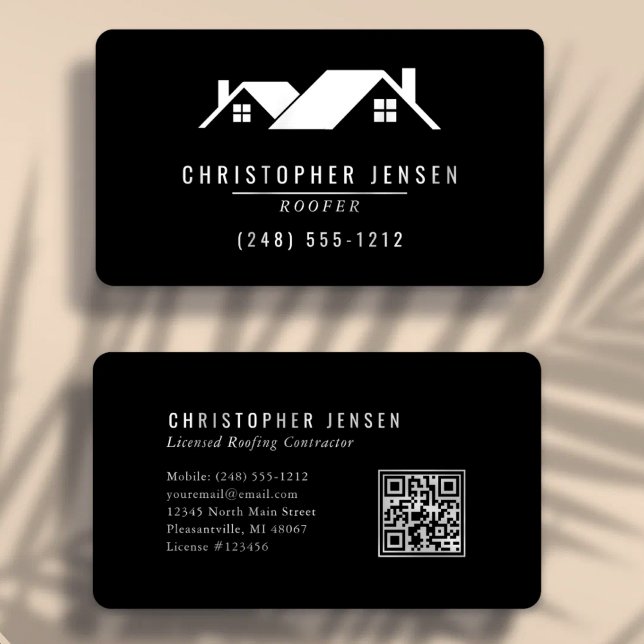 Carte De Visite Code QR d'artisan Toiture Simple Noir et Blanc Arr (Créateur téléchargé)