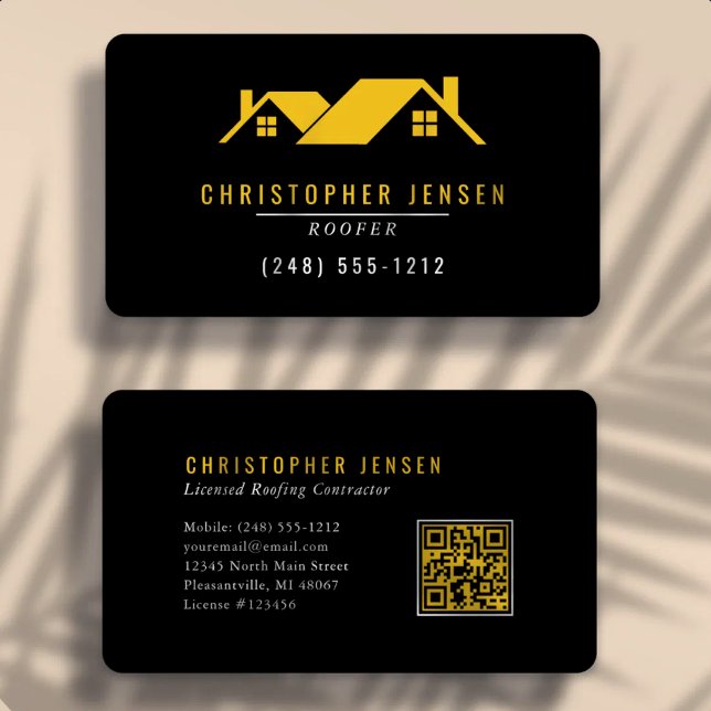 Carte De Visite Code QR d'artisan Toiture Simple Noir Jaune Arrond (Créateur téléchargé)