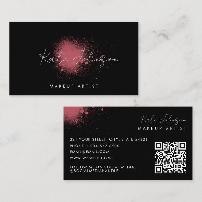 Carte De Visite Code QR d'artiste de peinture rose noir moderne (Devant / Derrière)
