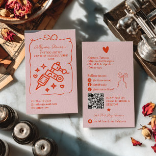 Carte De Visite Code QR d'artiste de tatouage à gribouillis rose r