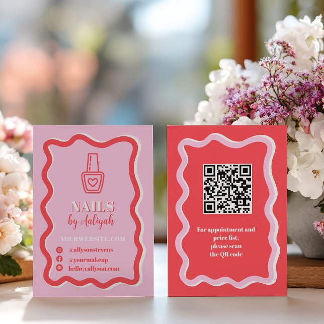 Carte De Visite Code QR d'artiste d'ongles rose rétro audacieux (Bold Retro Pink Groovy Nails Artist QR Code Business Card)