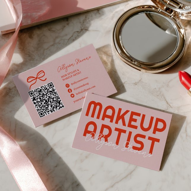 Carte De Visite Code QR d'artiste en maquillage rose rouge rétro g (Retro Bold Pink Red Makeup Artist QR Code Business Card)