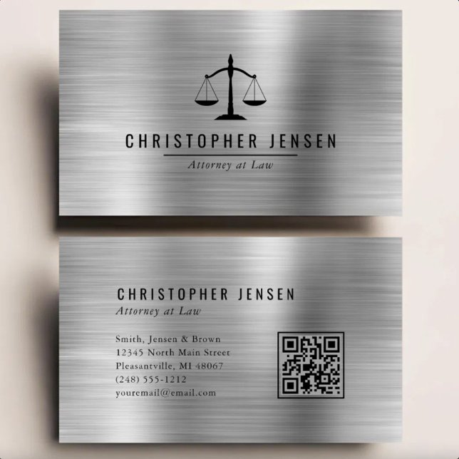 Carte De Visite Code QR d'avocat échelles noires Métal brossé arge (Créateur téléchargé)