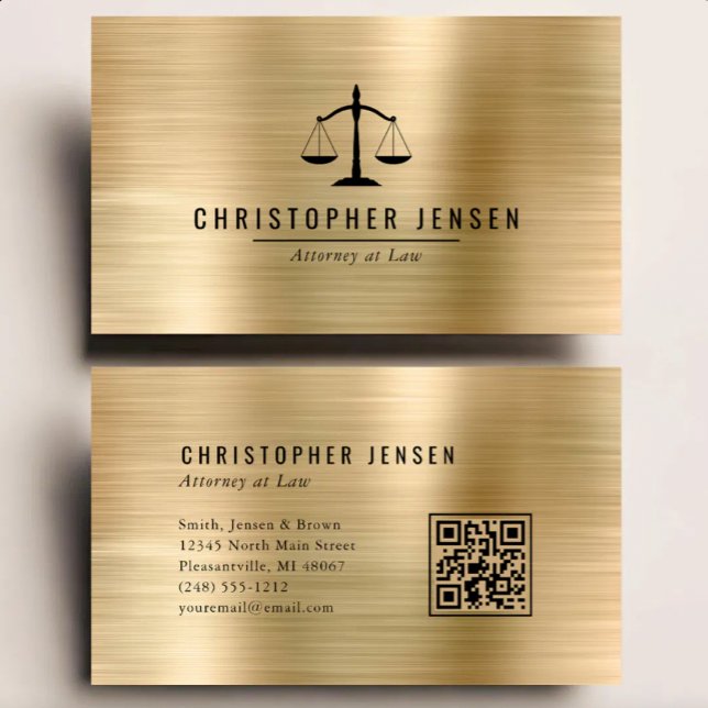 Carte De Visite Code QR d'avocat échelles noires Métal brossé or (Créateur téléchargé)
