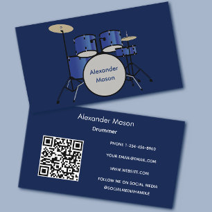Carte De Visite Code QR de batteur professionnel bleu moderne