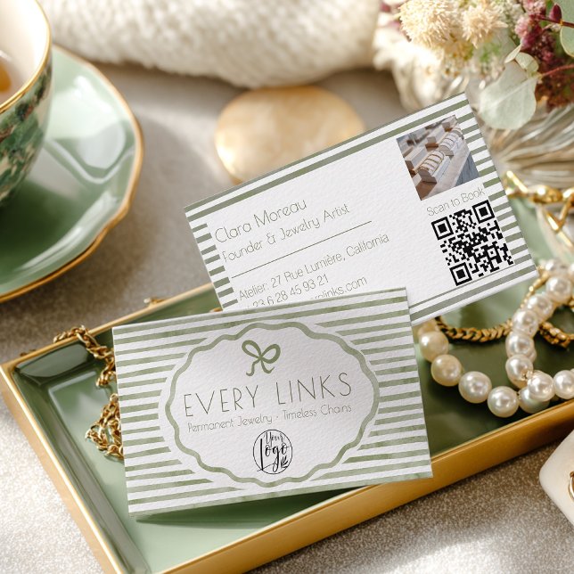 Carte De Visite Code QR de Bijoux Permanents à Rayures Vertes Coqu (Green Coquette Stripes Permanent Jewelry QR Code Business Card)