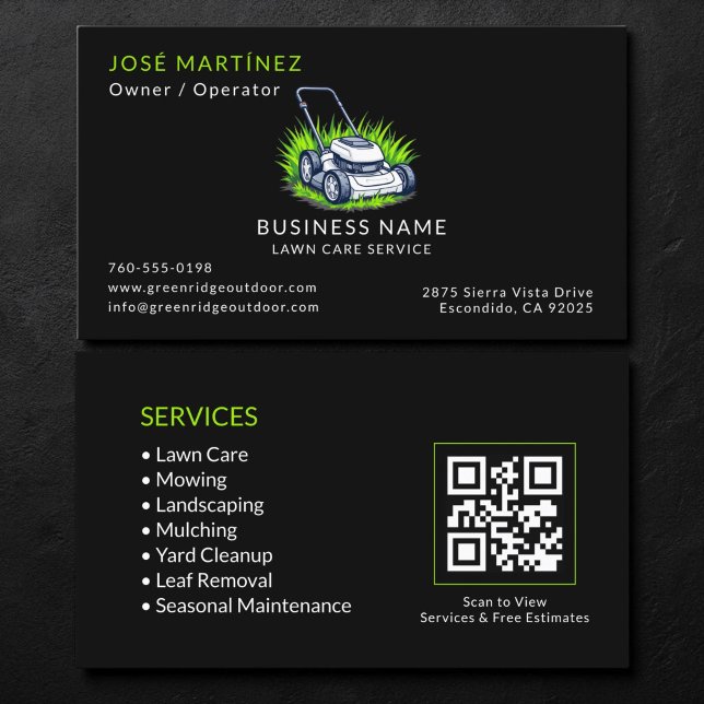 Carte De Visite Code QR de Black Green Lawn Care and Service (Créateur téléchargé)