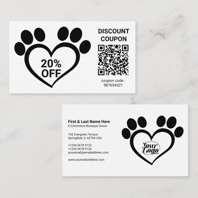 Carte De Visite Code QR de bon de réduction Patte d'animal (Devant / Derrière)