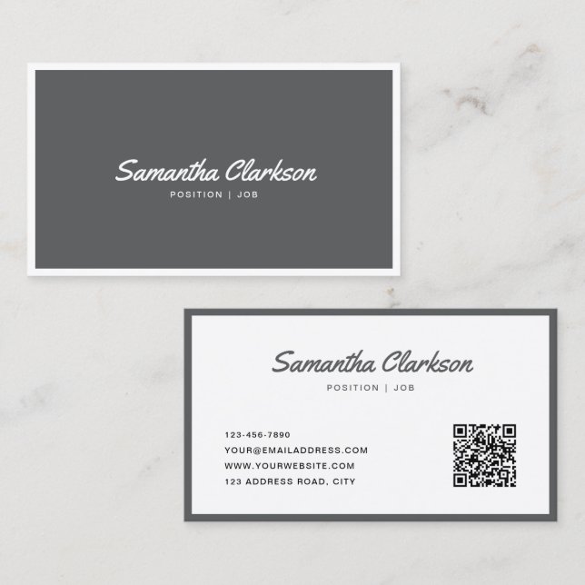 Carte De Visite Code QR de bordure de script gris foncé simple (Devant / Derrière)