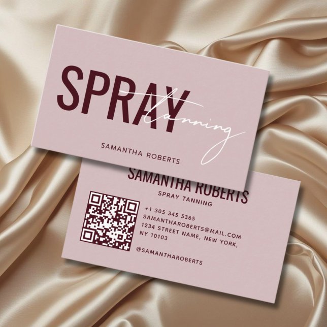 Carte De Visite Code QR de bronzage moderne rose rouge (Créateur téléchargé)